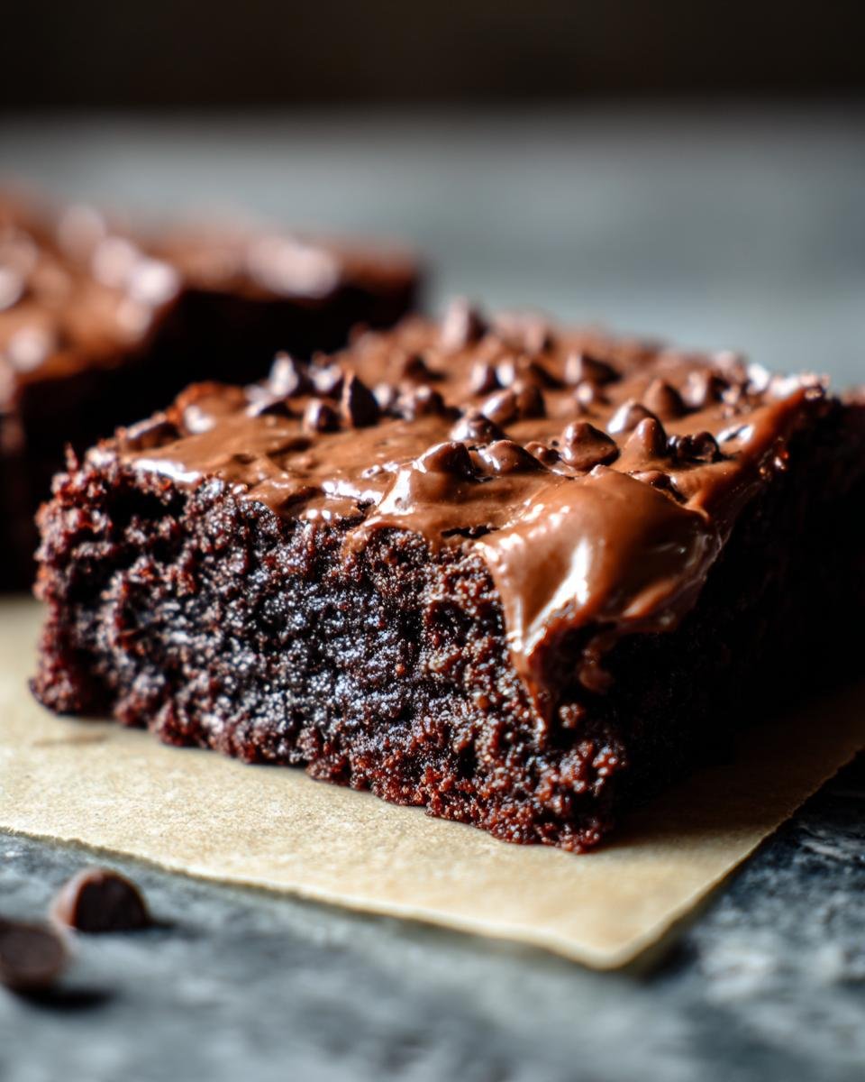 Close-up of a Secretly Healthy Zucchini Brownie with chocolate frosting and chocolate chips.