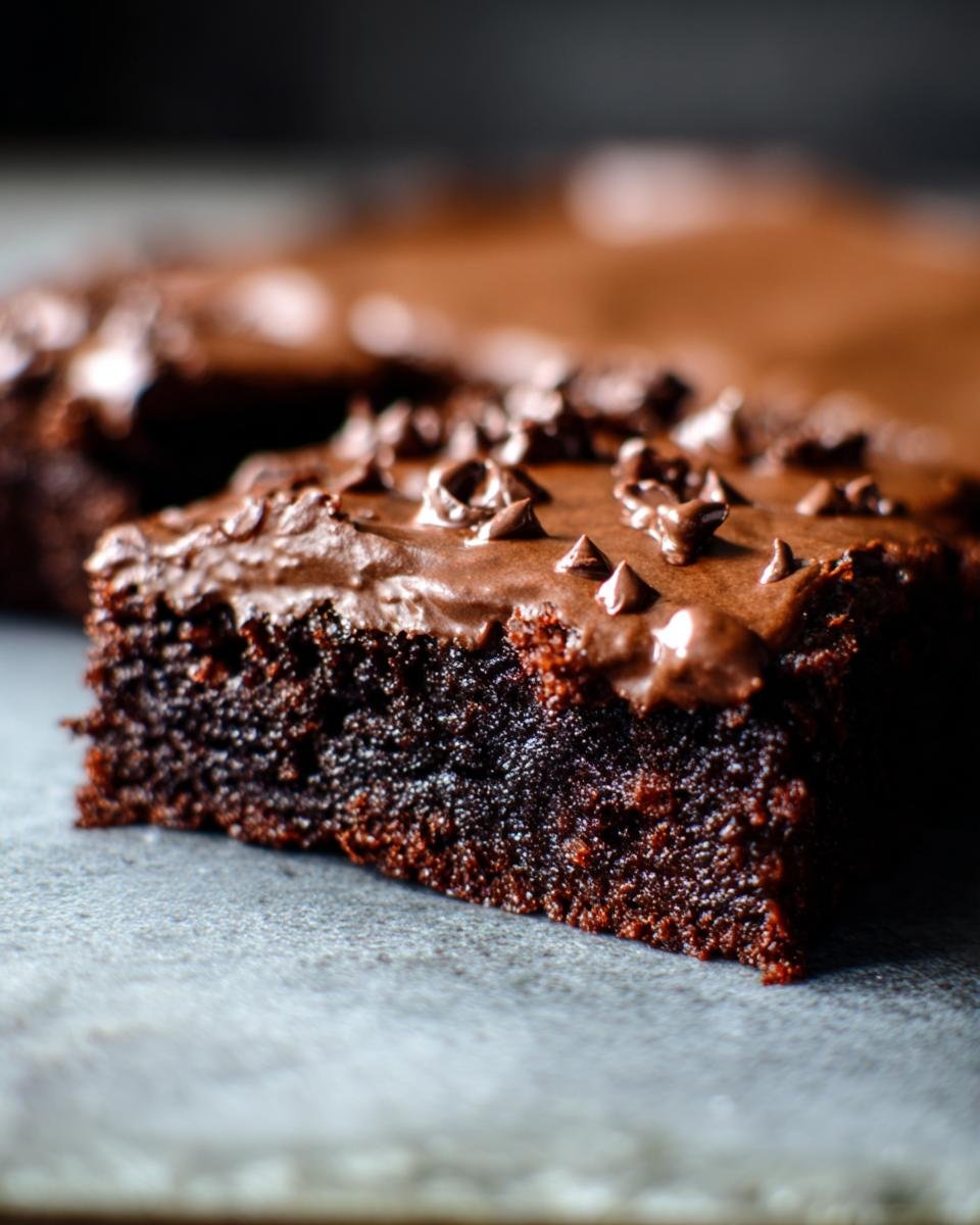 A slice of Secretly Healthy Zucchini Brownies with chocolate frosting and mini chocolate chips on a gray surface.