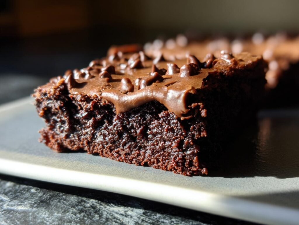 A close-up of a fudgy Secretly Healthy Zucchini Brownies slice topped with chocolate chips and frosting.