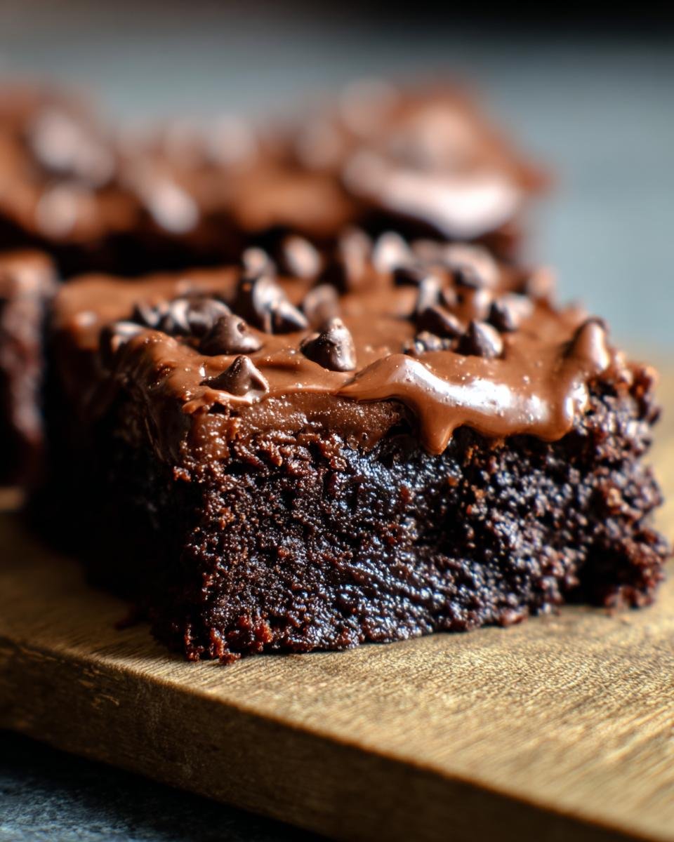 A close-up of a Secretly Healthy Zucchini Brownie, topped with chocolate frosting and chocolate chips, on a wooden board.