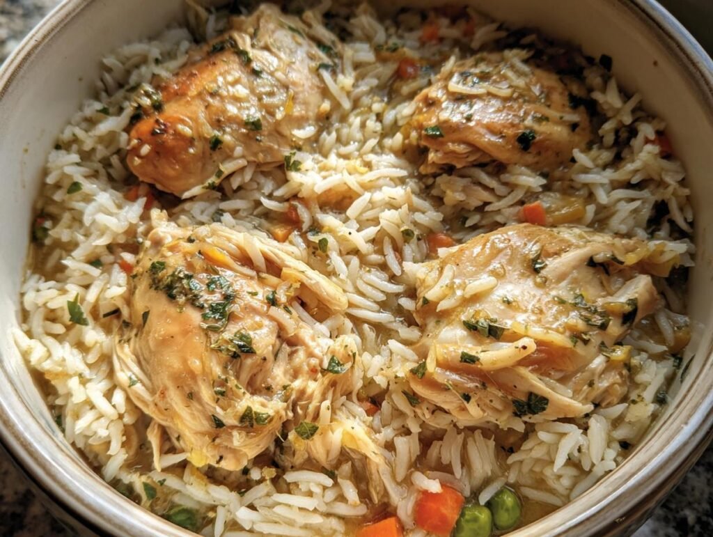 A bowl of Slow Cooker Chicken and Rice, garnished with herbs and vegetables.