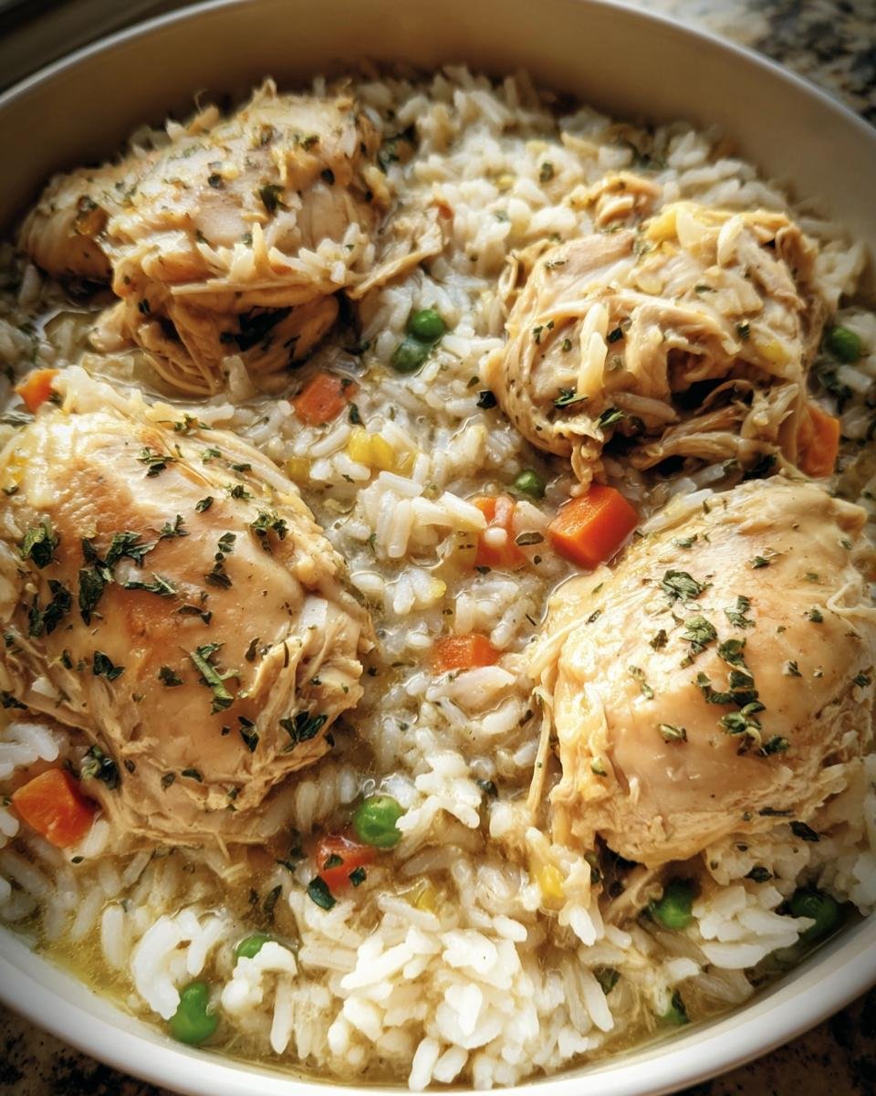 Close-up of a bowl of Slow Cooker Chicken and Rice with visible chicken pieces, rice, peas, and carrots.