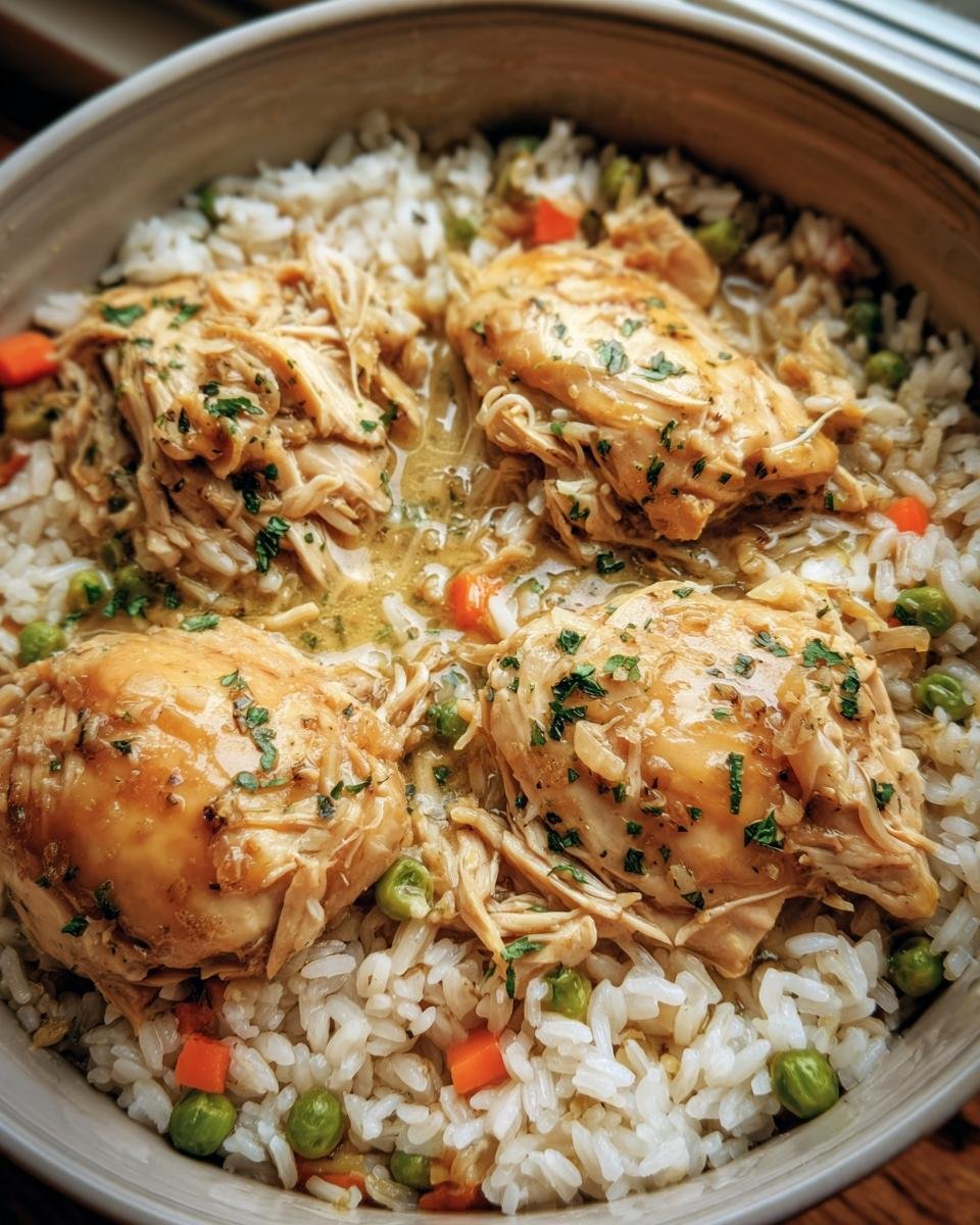 A bowl of Slow Cooker Chicken and Rice, garnished with herbs, peas, and carrots.