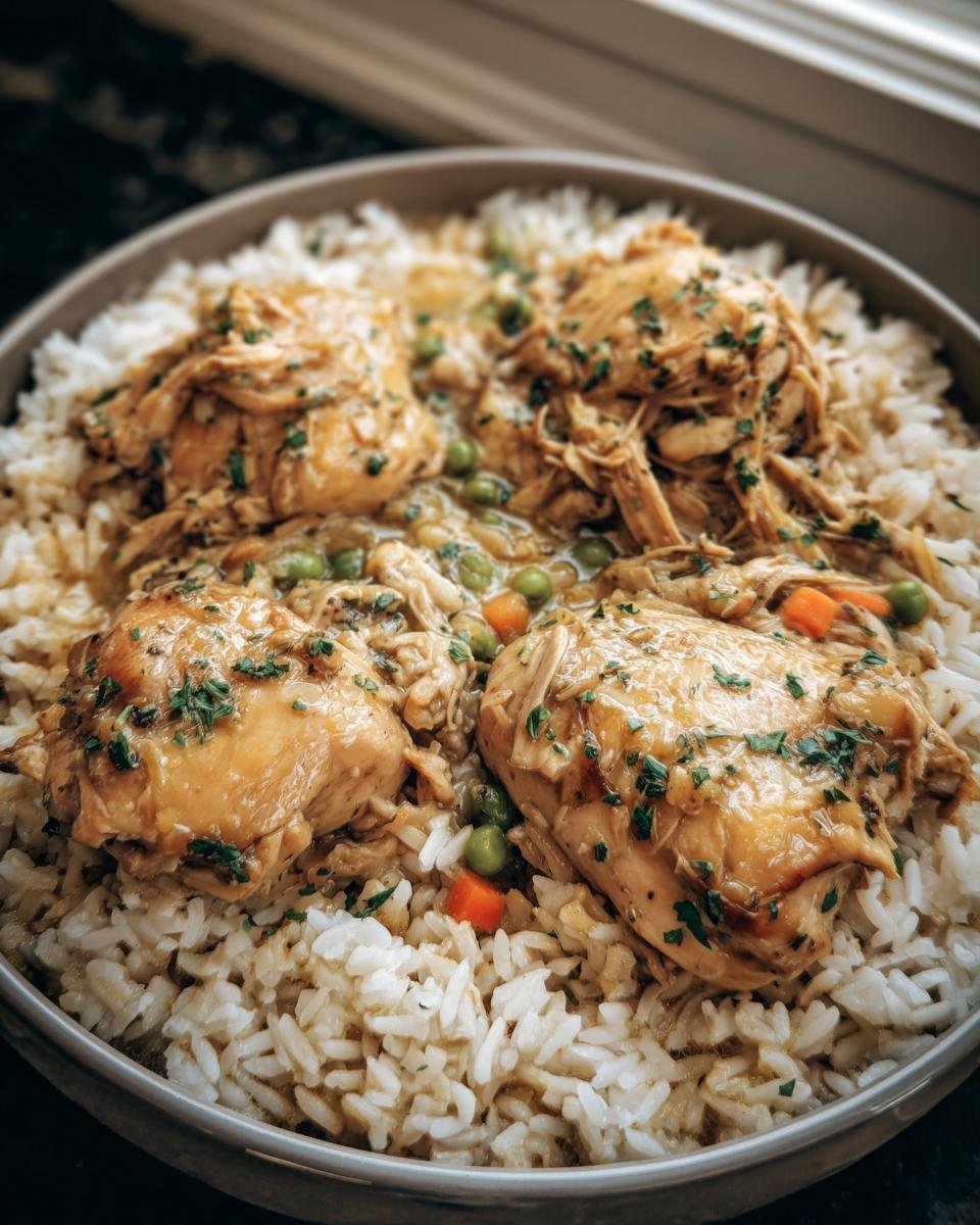 Bowl of Slow Cooker Chicken and Rice, featuring chicken pieces, peas, carrots, and rice.