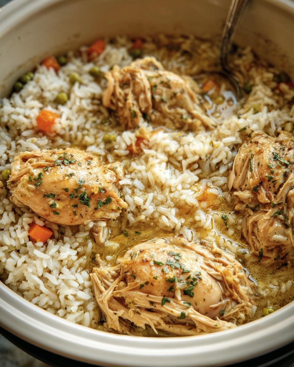 Overhead view of Slow Cooker Chicken and Rice with vegetables, ready to serve.