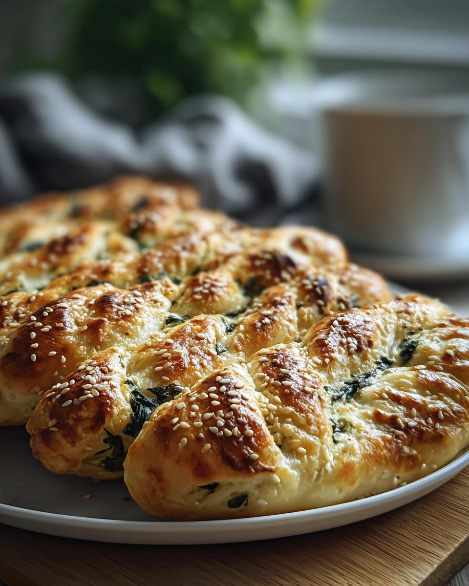 Close-up of freshly baked Spinach Cottage Cheese Flagels, sprinkled with sesame seeds, on a white plate.