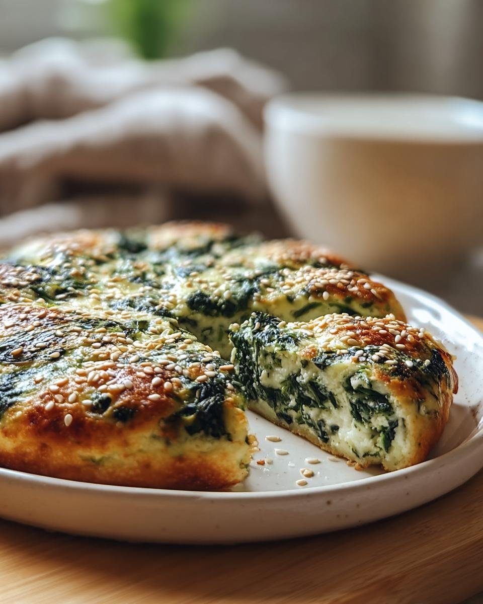 A freshly baked Spinach Cottage Cheese Flagels, sliced and served on a white plate, topped with sesame seeds.
