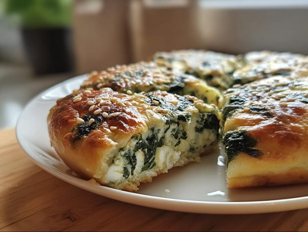 A close-up of Spinach Cottage Cheese Flagels, showing a cut slice filled with spinach and cottage cheese.