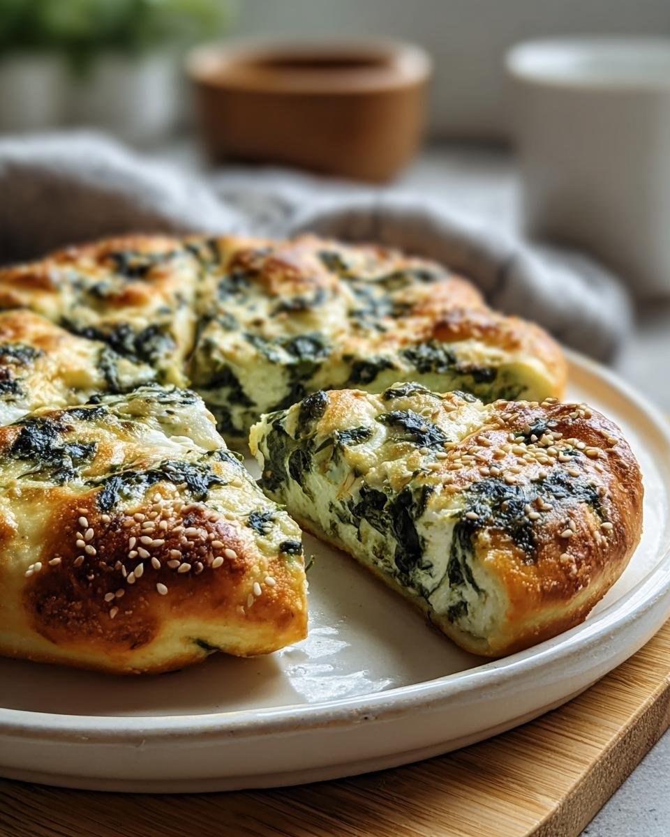 Close-up of Spinach Cottage Cheese Flagels cut into slices on a white plate, sprinkled with sesame seeds.
