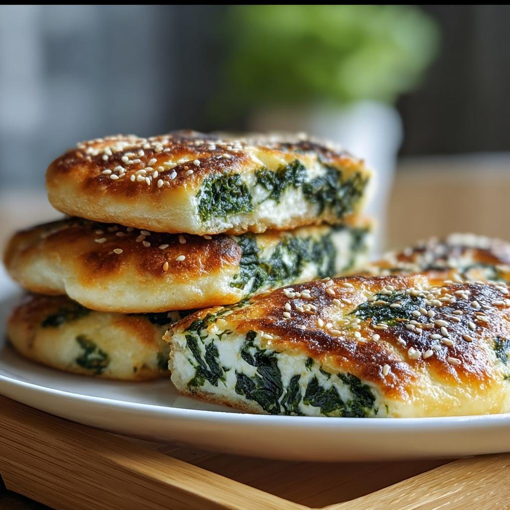 A stack of Spinach Cottage Cheese Flagels on a white plate, sprinkled with sesame seeds.