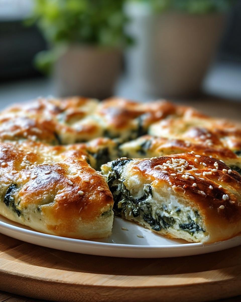 Close-up of Spinach Cottage Cheese Flagels on a white plate, showcasing the filling and sesame seed topping.