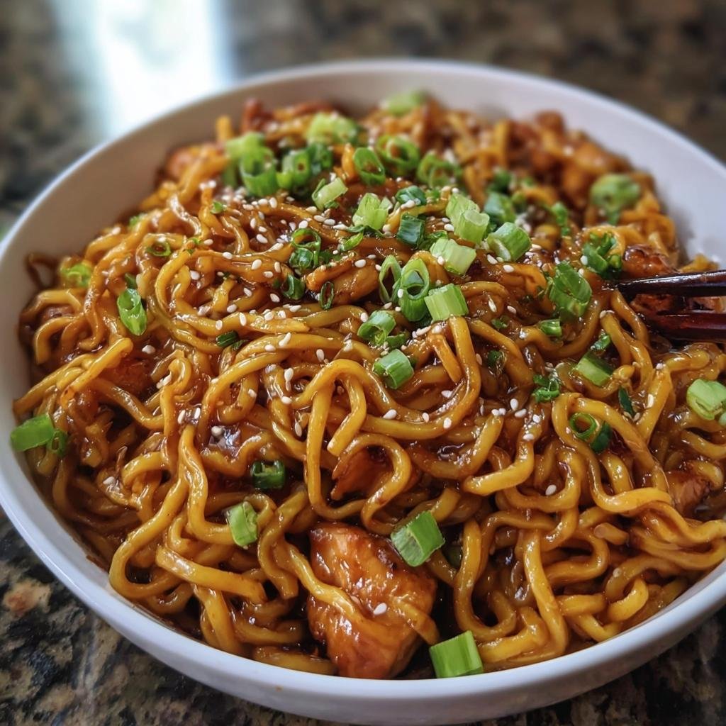Close-up of a bowl of Sticky Garlic Chicken Noodles garnished with sesame seeds and green onions.