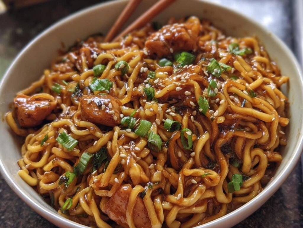 A delicious bowl of Sticky Garlic Chicken Noodles, garnished with sesame seeds and green onions.