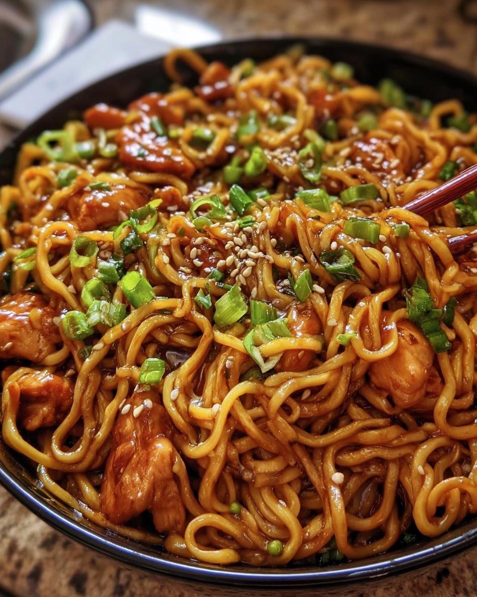 Close-up of a bowl of Sticky Garlic Chicken Noodles, garnished with sesame seeds and green onions.