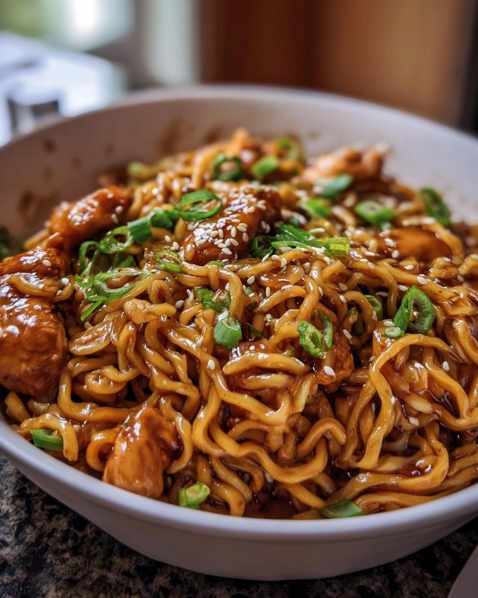 A delicious bowl of Sticky Garlic Chicken Noodles, garnished with sesame seeds and green onions.