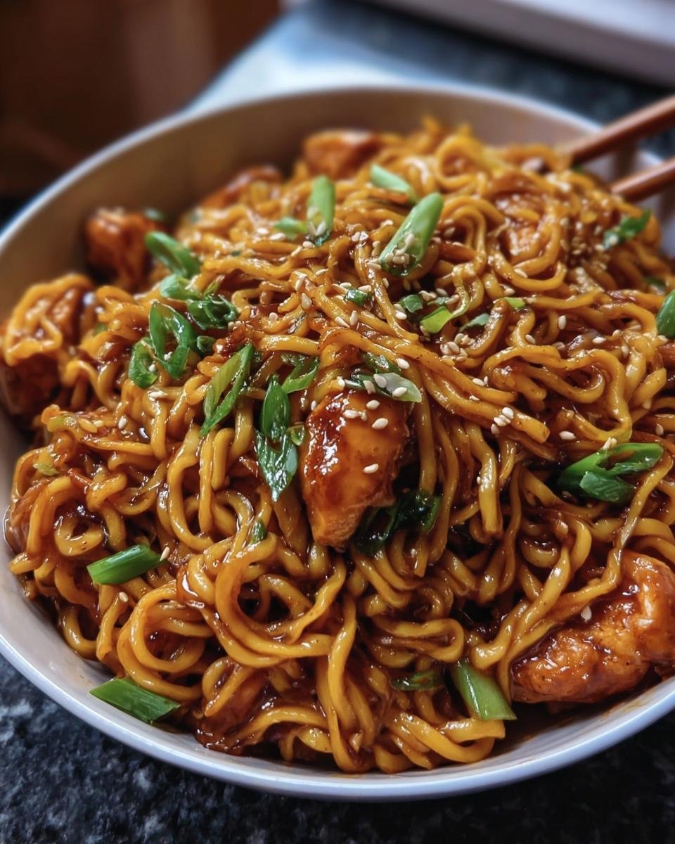 A delicious bowl of Sticky Garlic Chicken Noodles garnished with sesame seeds and green onions.