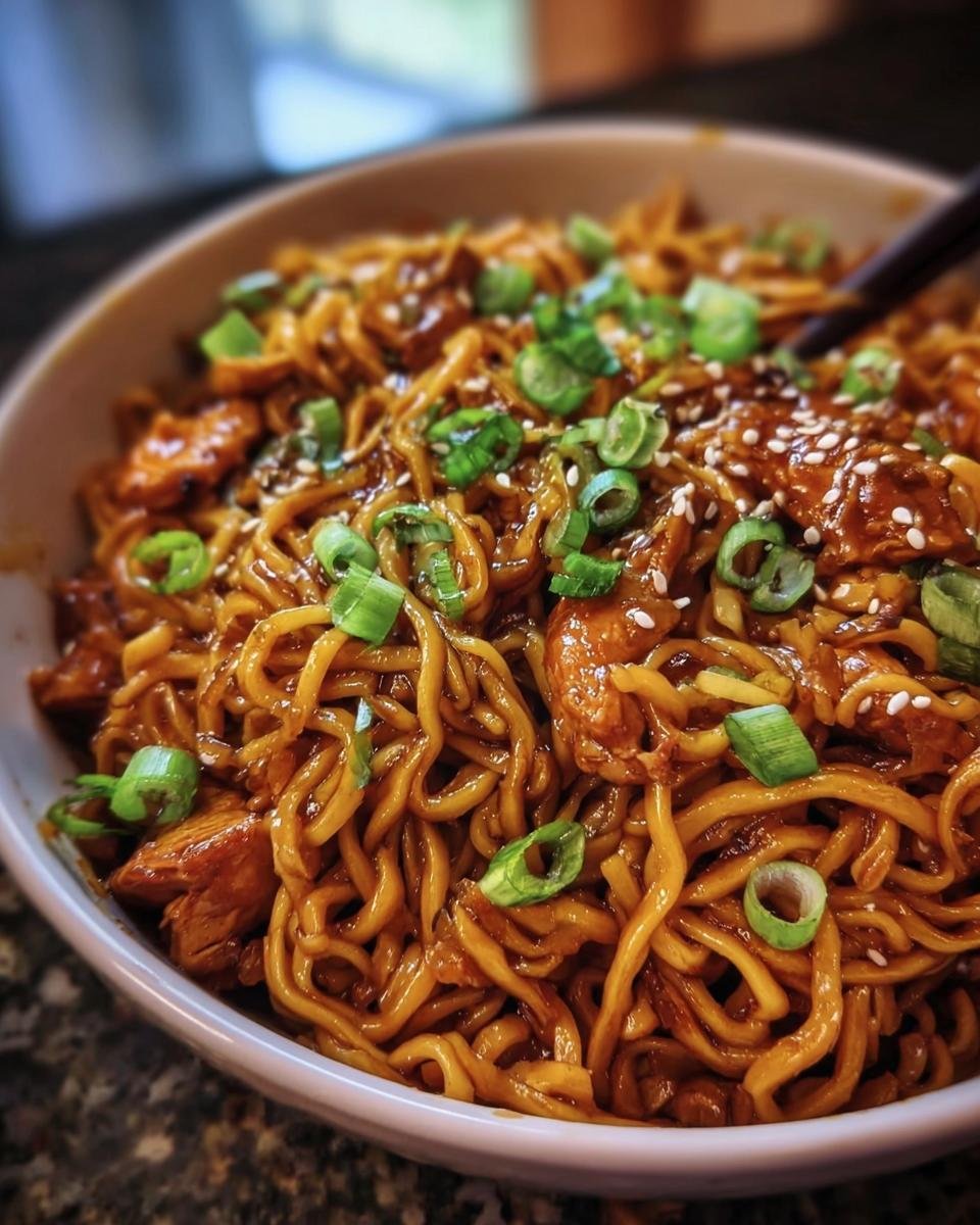 A delicious bowl of Sticky Garlic Chicken Noodles, garnished with sesame seeds and green onions.