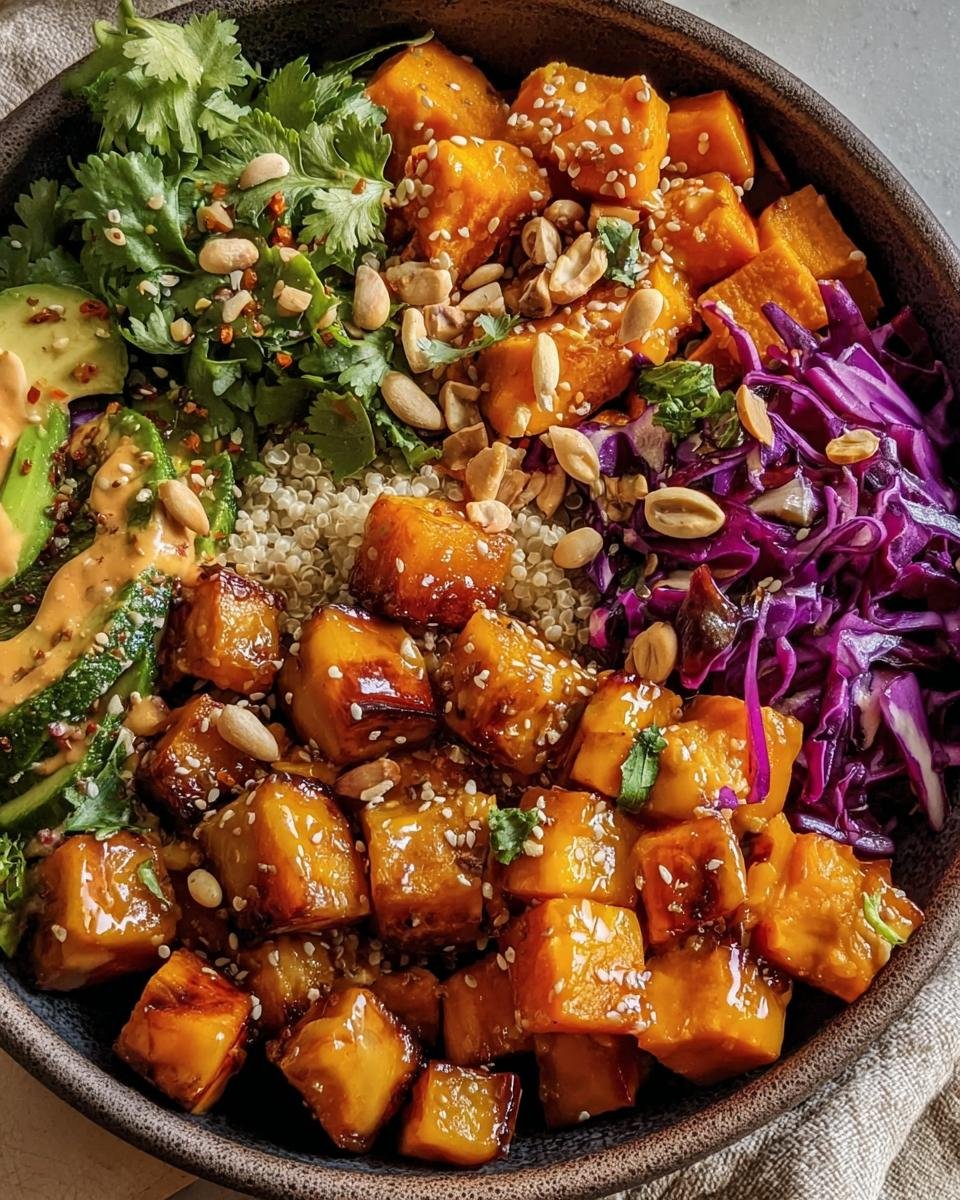 A vibrant Sweet Potato Buddha Bowl filled with sweet potatoes, quinoa, avocado, cabbage, and a creamy sauce.
