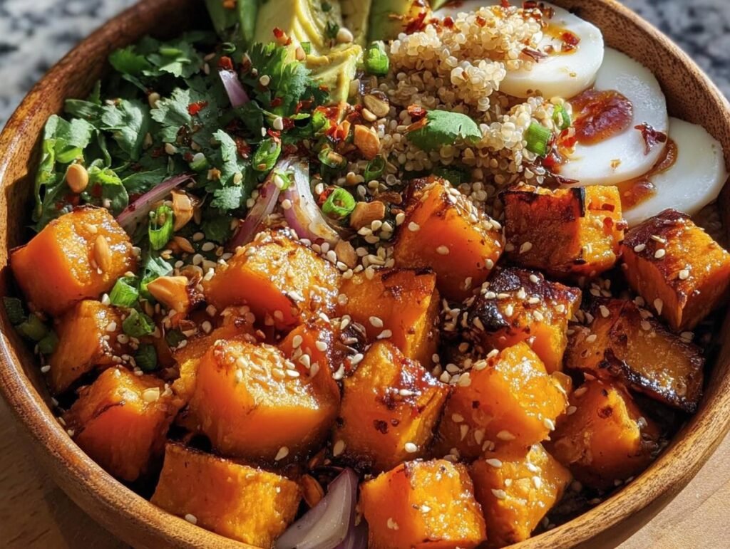 A vibrant Sweet Potato Buddha Bowl featuring roasted sweet potatoes, avocado, quinoa, and a boiled egg.