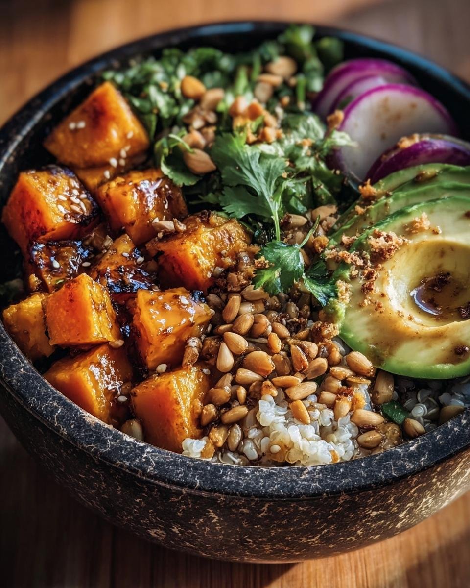 A vibrant Sweet Potato Buddha Bowl with roasted sweet potatoes, avocado, greens, and quinoa.