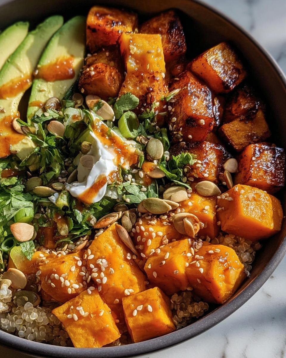 Close-up of a Sweet Potato Buddha Bowl with avocado, quinoa, herbs, seeds, and a creamy sauce.