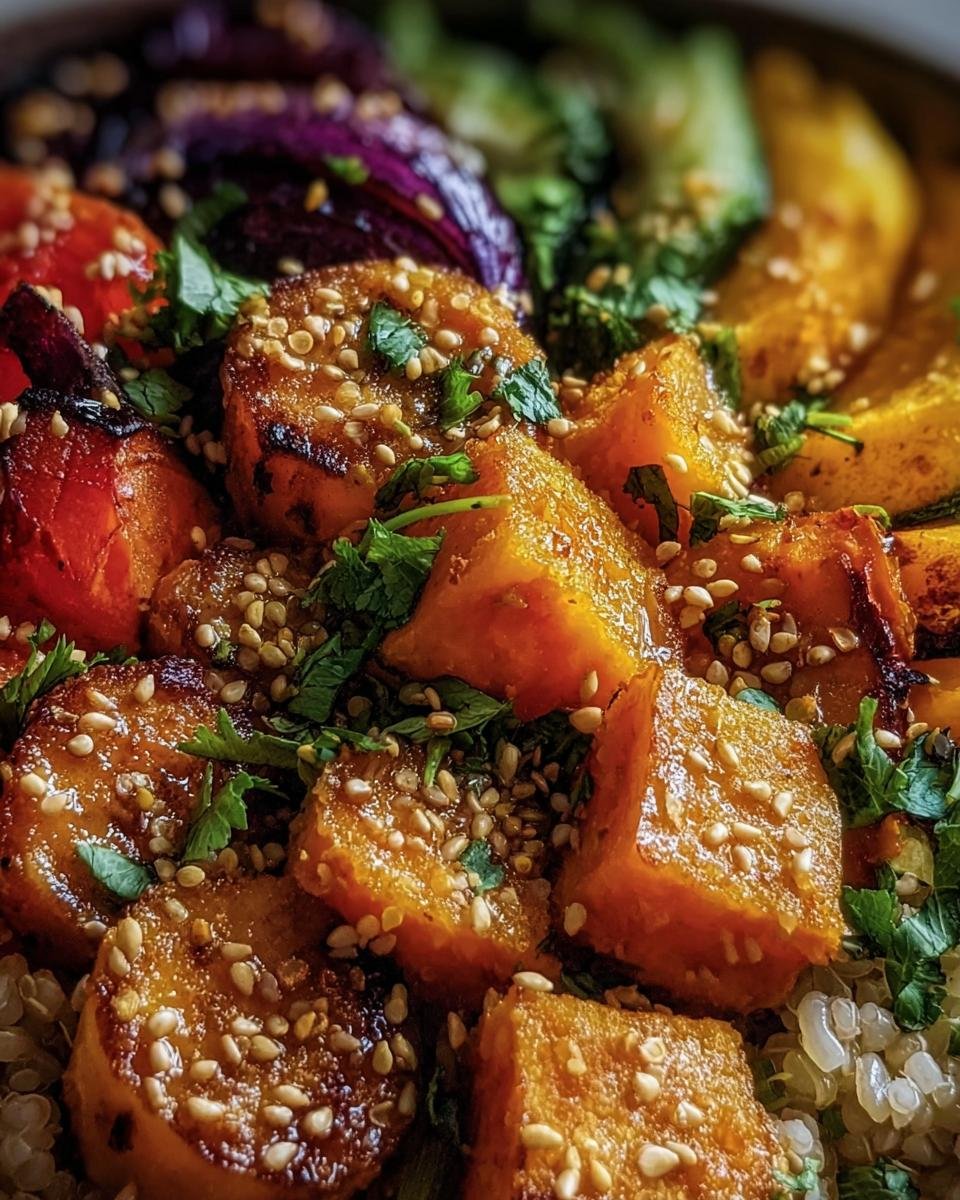 A close-up of a Sweet Potato Buddha Bowl with roasted sweet potatoes, quinoa, and fresh herbs.