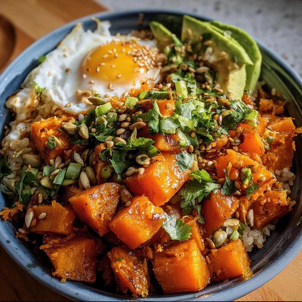 A vibrant Sweet Potato Buddha Bowl with sweet potato, avocado, fried egg, and herbs.