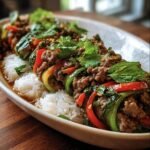 Close-up of Thai Basil Beef Rolls served over rice, garnished with fresh herbs and colorful peppers.