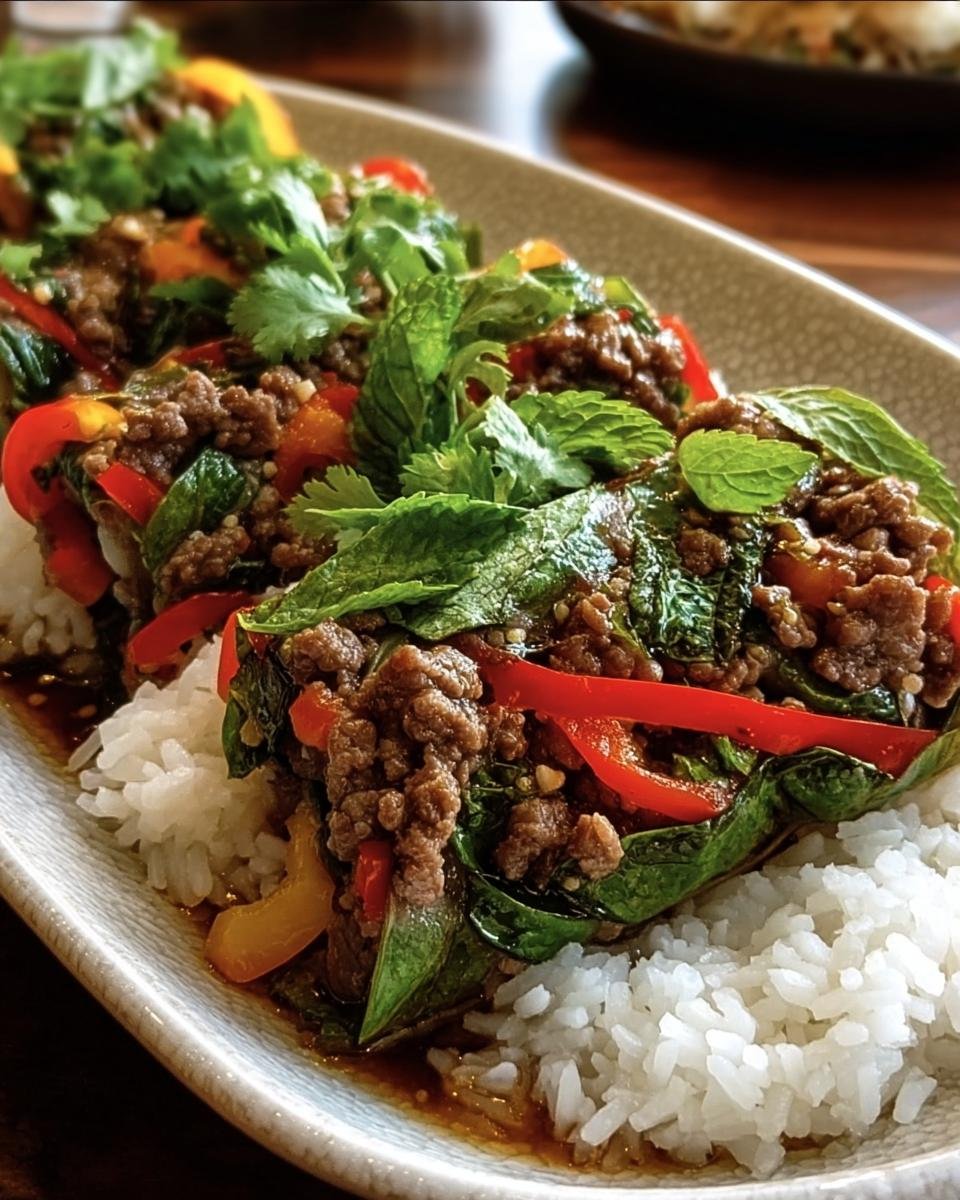 Close-up of Thai Basil Beef Rolls served over rice with red peppers and fresh herbs.
