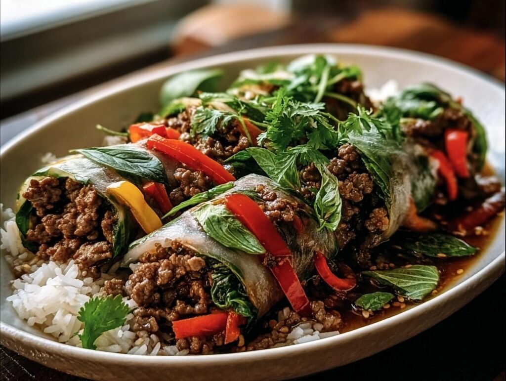 Close-up of Thai Basil Beef Rolls served over rice, garnished with fresh herbs and colorful peppers.