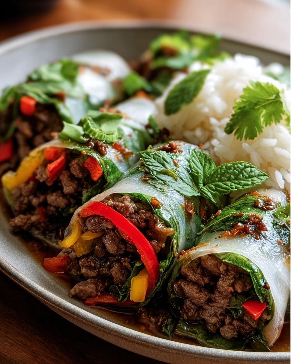 Close-up of Thai Basil Beef Rolls served with rice, garnished with fresh herbs and colorful peppers.