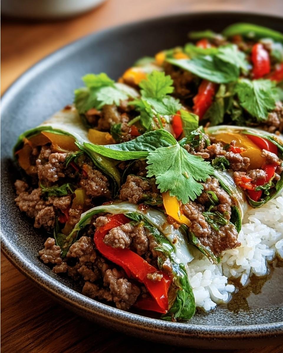 Close-up of Thai Basil Beef Rolls served over rice, garnished with fresh cilantro and colorful peppers.