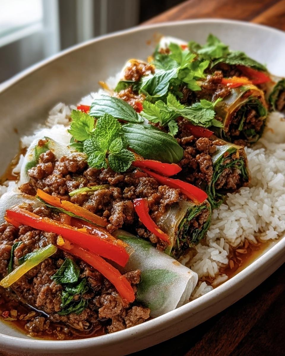 Close-up of Thai Basil Beef Rolls served on rice, garnished with fresh basil, mint, and sliced peppers.