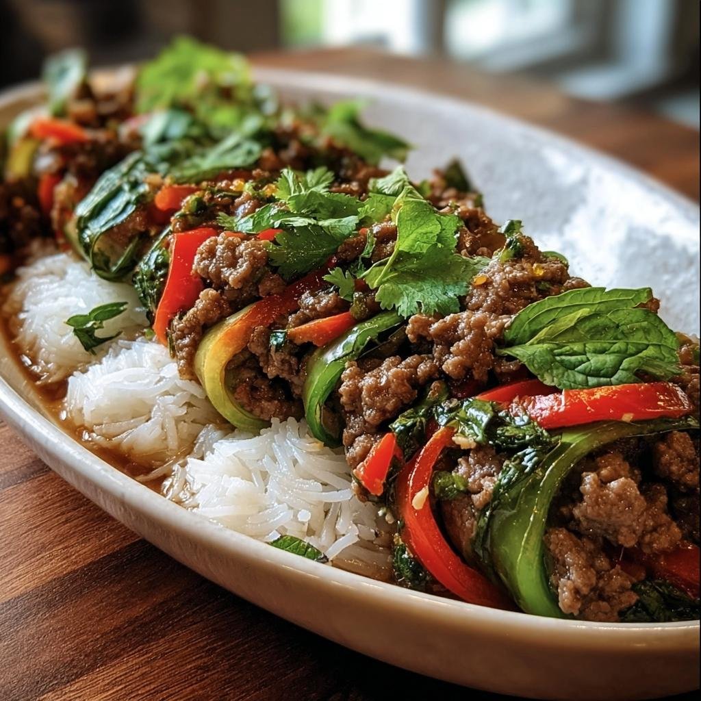 Close-up of Thai Basil Beef Rolls served over rice, garnished with fresh herbs and colorful peppers.