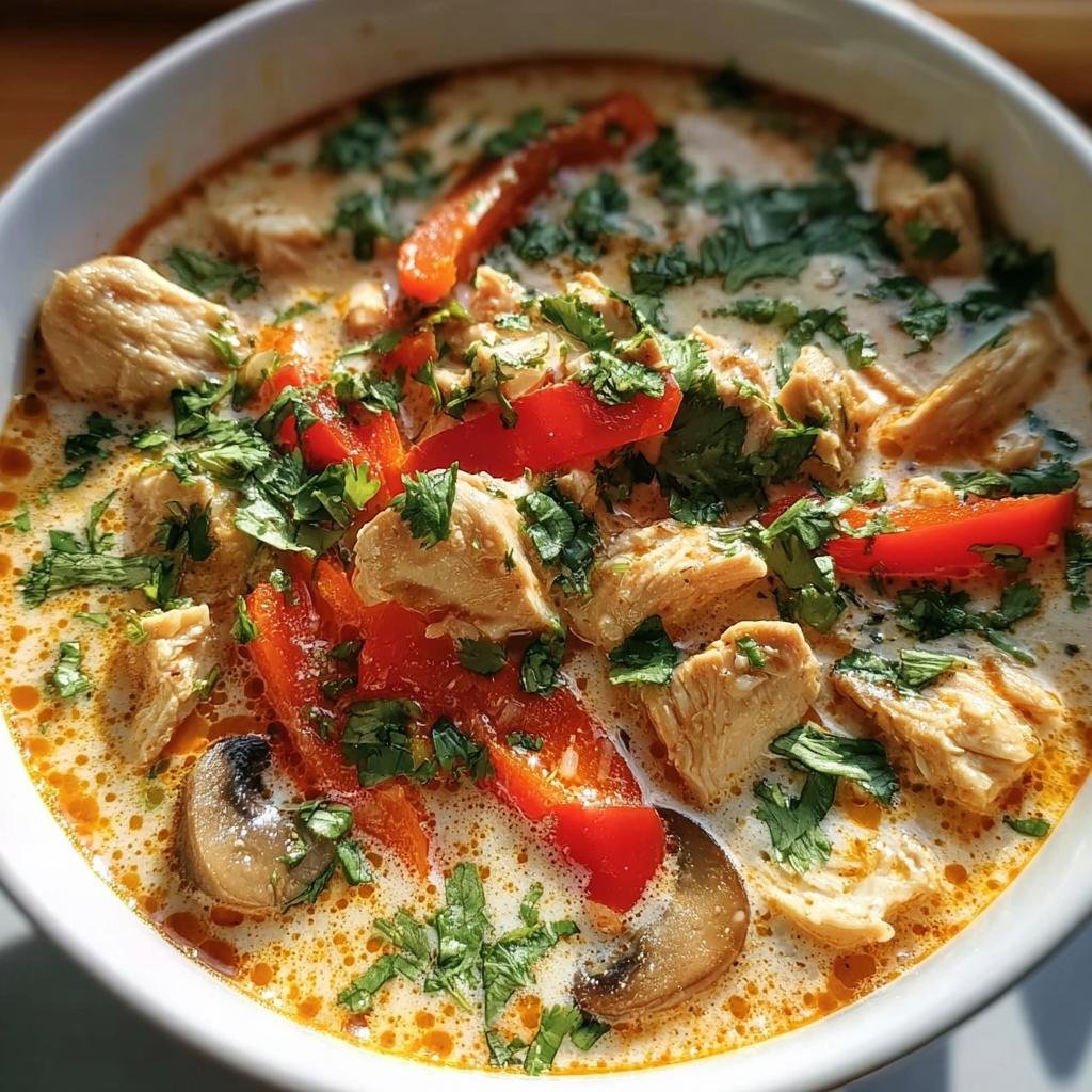 A bowl of creamy Thai Coconut Chicken Soup with chicken, red peppers, mushrooms, and cilantro.