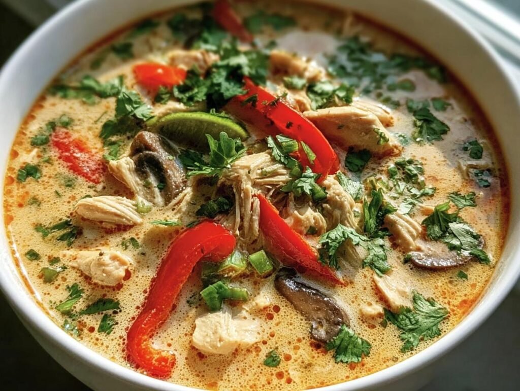 A bowl of creamy Thai Coconut Chicken Soup with chicken, mushrooms, red peppers, cilantro, and a lime wedge.