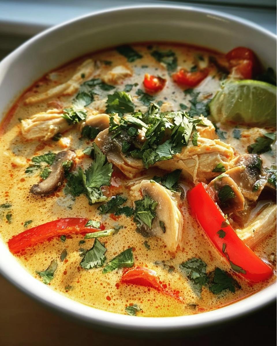 Close-up of a bowl of Thai Coconut Chicken Soup with chicken, mushrooms, red pepper, cilantro, and lime.