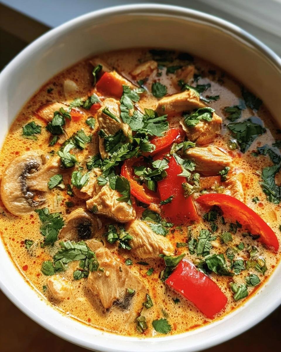 Close-up of a bowl of Thai Coconut Chicken Soup with chicken, mushrooms, red bell peppers, and cilantro.