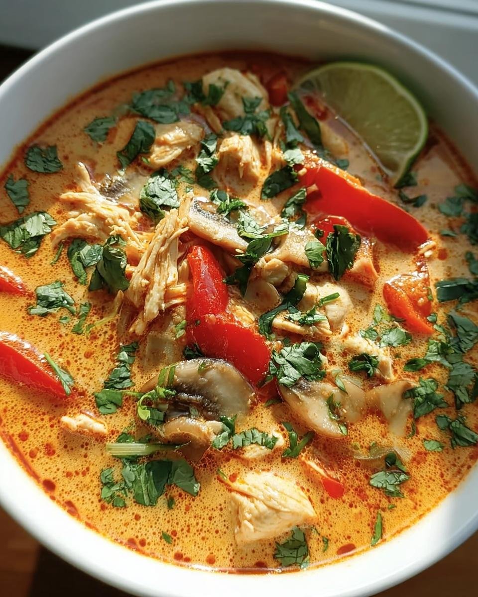 Close-up of a bowl of Thai Coconut Chicken Soup with chicken, mushrooms, red peppers, cilantro, and a lime wedge.
