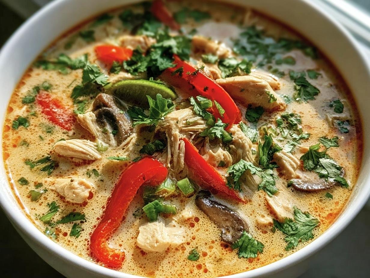 A bowl of creamy Thai Coconut Chicken Soup with chicken, mushrooms, red peppers, cilantro, and a lime wedge.