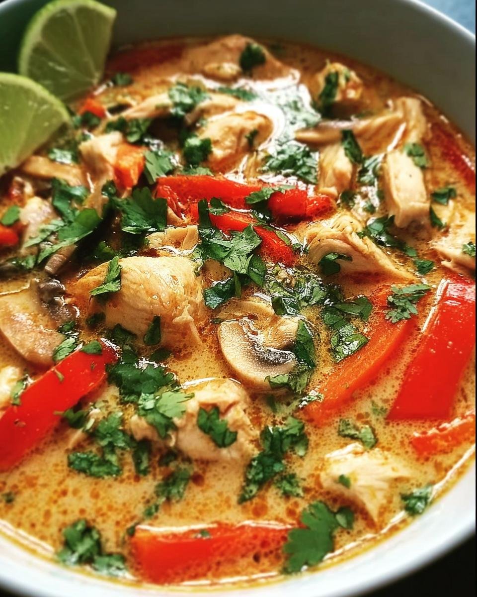 Close-up of Thai Coconut Chicken Soup with chicken, red bell peppers, mushrooms, and cilantro.