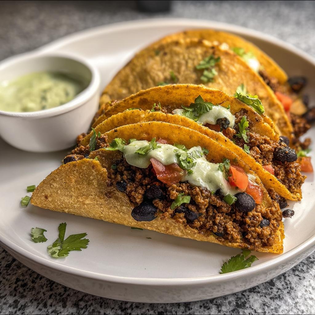 Three Turkey and Black Bean Tacos on a plate, topped with sauce and cilantro.