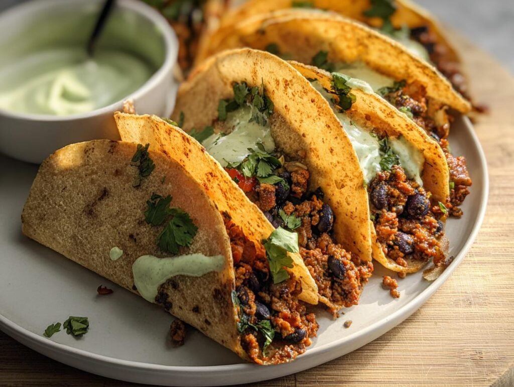 A plate of appetizing Turkey and Black Bean Tacos topped with cilantro and a creamy sauce.