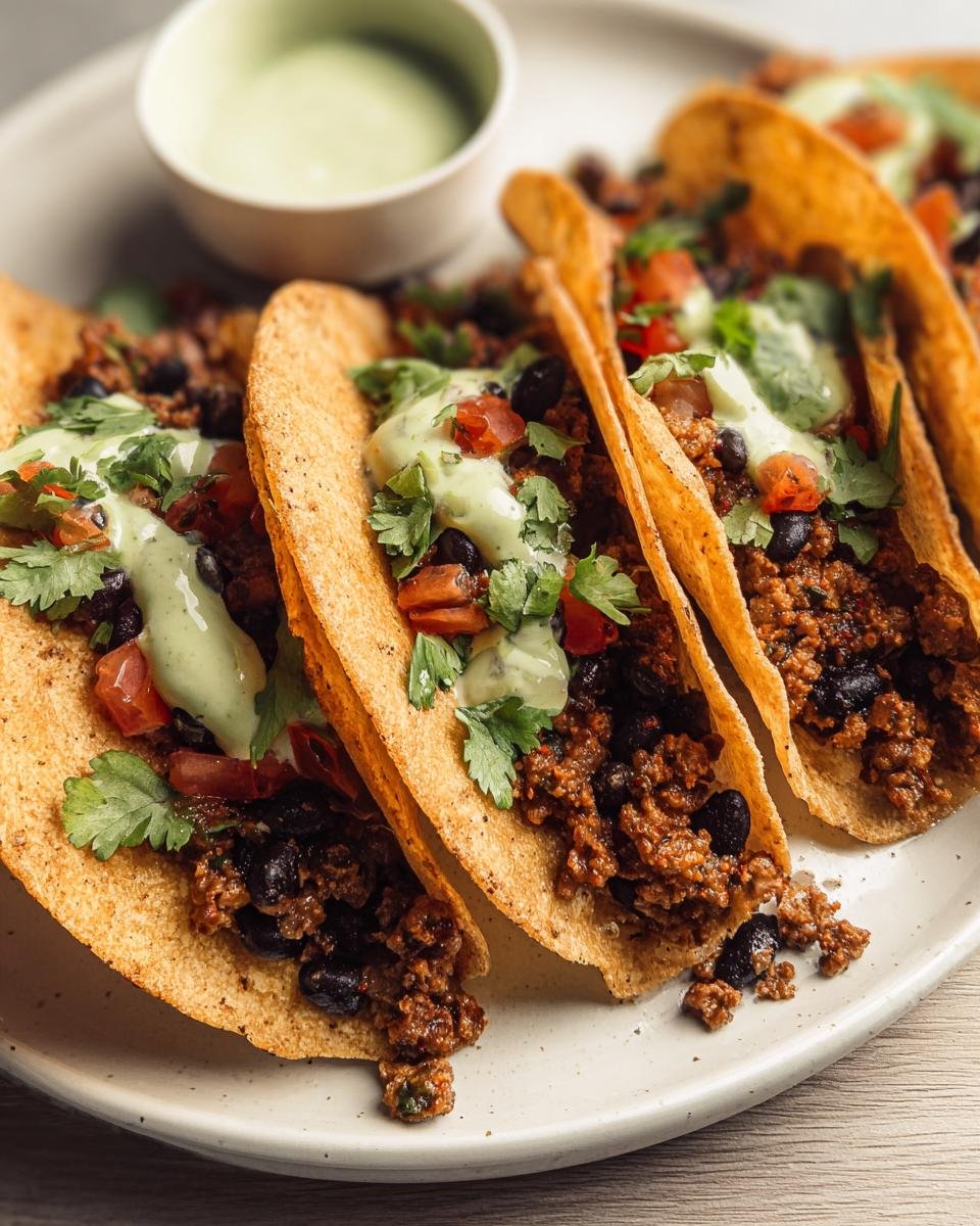A plate of appetizing Turkey and Black Bean Tacos topped with cilantro, tomatoes, and a creamy sauce.
