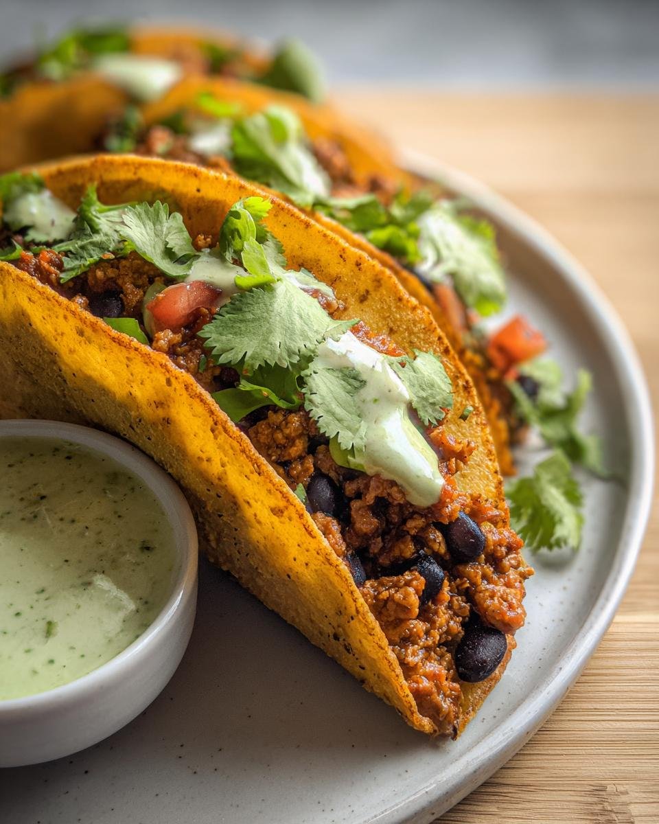 Close-up of Turkey and Black Bean Tacos on a plate, topped with cilantro and a creamy green sauce.