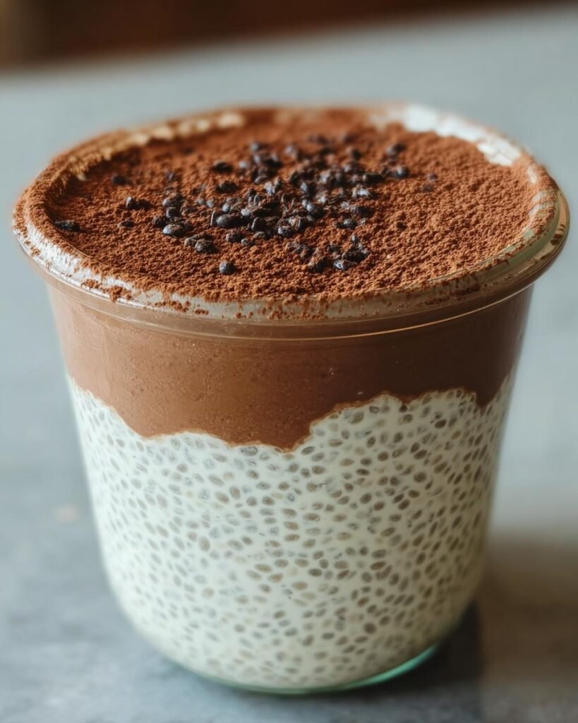 Close-up of a layered Viral Tiramisu Chia Pudding in a glass, topped with cocoa powder and chocolate chips.