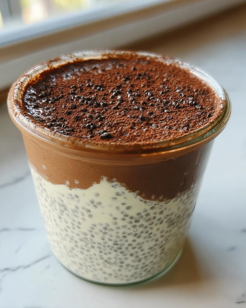 Close-up of Viral Tiramisu Chia Pudding in a glass, showing layers of chia seeds, cream, and cocoa powder.