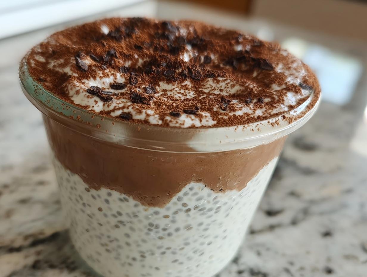 Close-up of Viral Tiramisu Chia Pudding in a glass, showing layers of chia seeds, cream, chocolate, and cocoa powder.