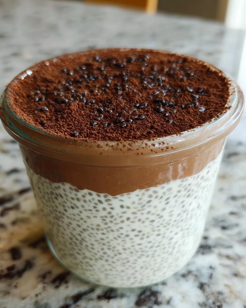 Close-up of Viral Tiramisu Chia Pudding in a glass jar, showing layers of chia pudding, chocolate, cocoa powder, and chocolate sprinkles.