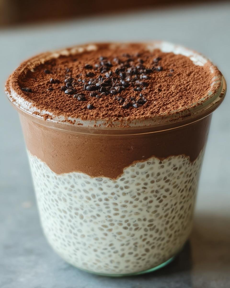 Close-up of a layered Viral Tiramisu Chia Pudding in a glass, topped with cocoa powder and chocolate chips.